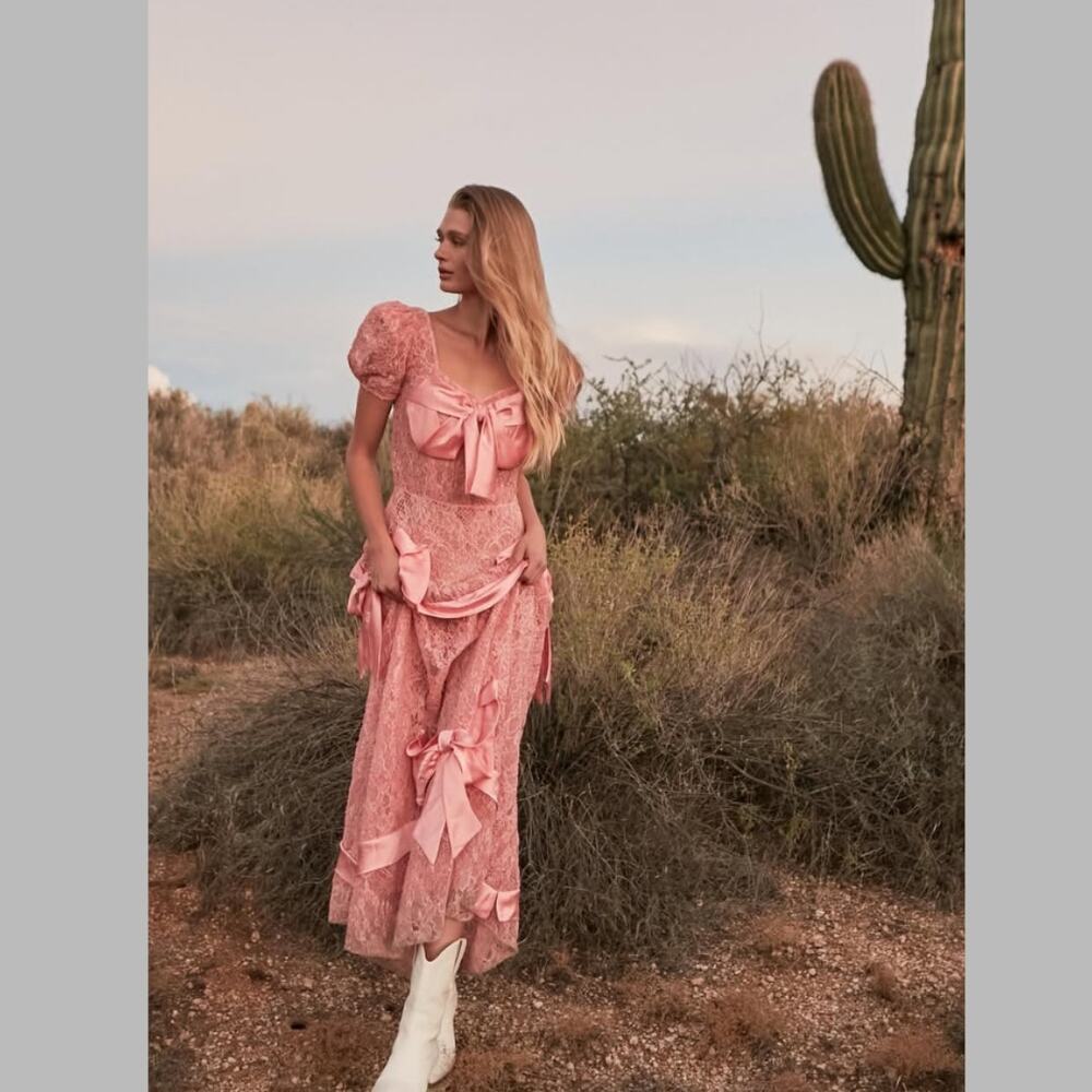 LoveShackFancy Hilma Pink Lace Bow Maxi Gown Dress NWT Size 6